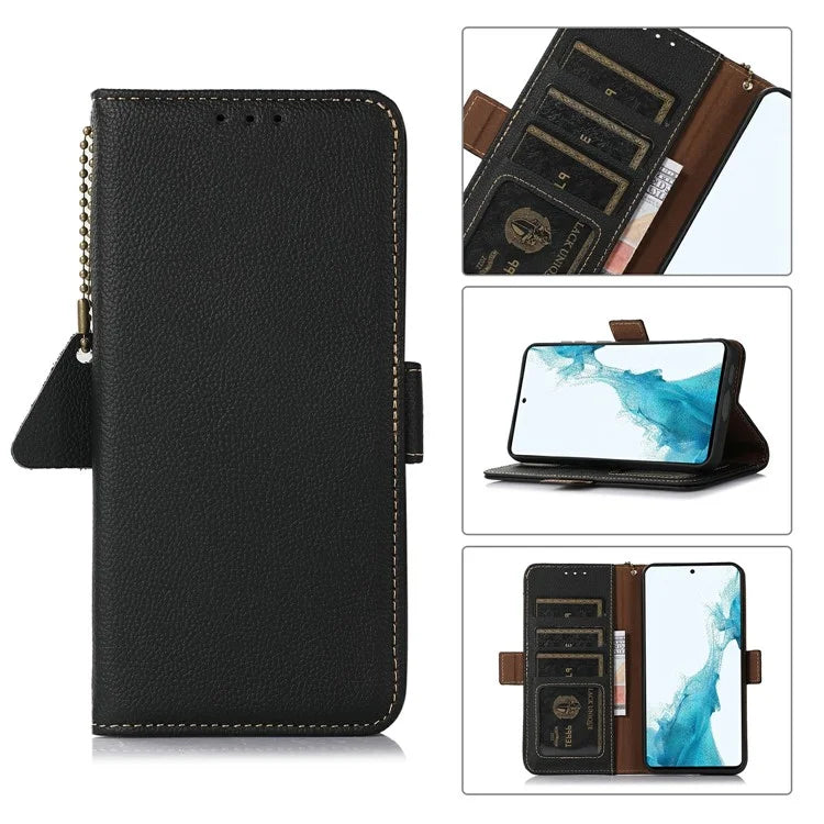 TJ For Xiaomi 14T Pro Case RFID Blocking Genuine Cow Leather Phone Cover