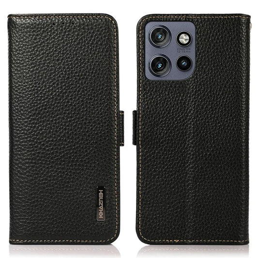 KHAZNEH For Motorola Edge 50 5G Phone Case Genuine Cow Leather Cover RFID Blocking