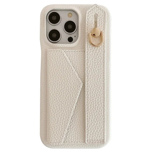 For iPhone 16 Pro Max Case Wristband Kickstand Card Slot PU Leather+PET Phone Cover