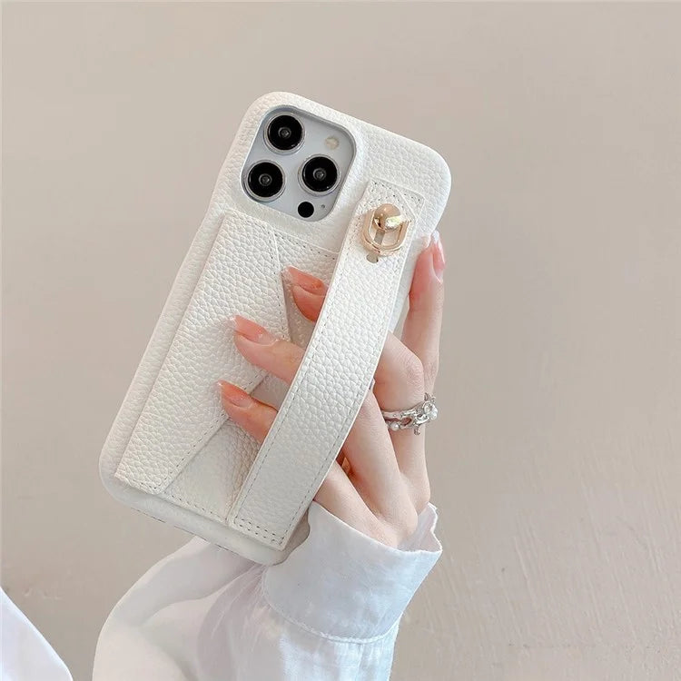 For iPhone 16 Pro Max Case Wristband Kickstand Card Slot PU Leather+PET Phone Cover