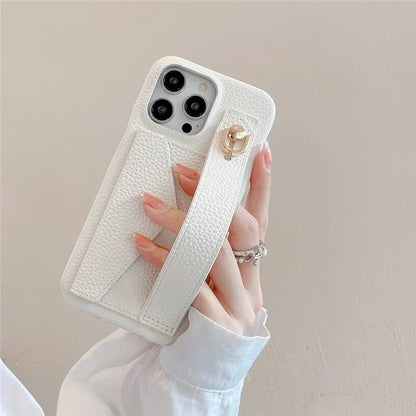 For iPhone 16 Pro Max Case Wristband Kickstand Card Slot PU Leather+PET Phone Cover