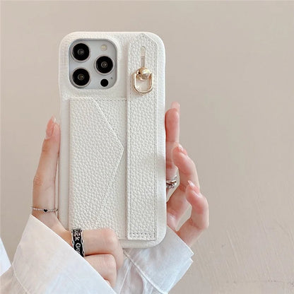 For iPhone 16 Pro Max Case Wristband Kickstand Card Slot PU Leather+PET Phone Cover