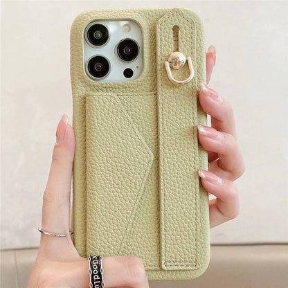 For iPhone 16 Pro Max Case Wristband Kickstand Card Slot PU Leather+PET Phone Cover