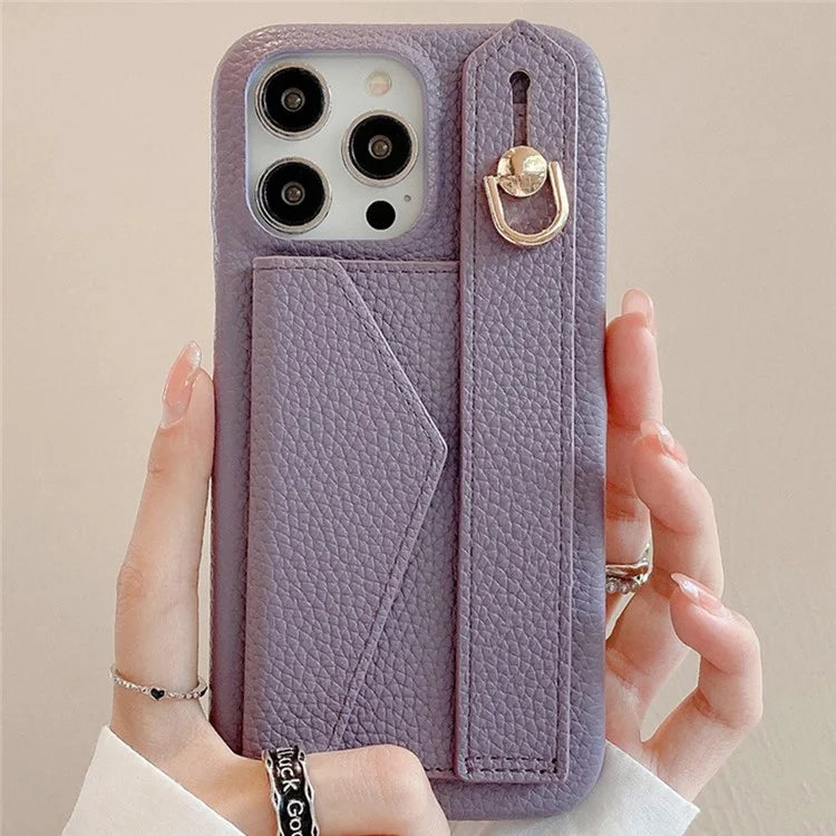 For iPhone 16 Pro Max Case Wristband Kickstand Card Slot PU Leather+PET Phone Cover