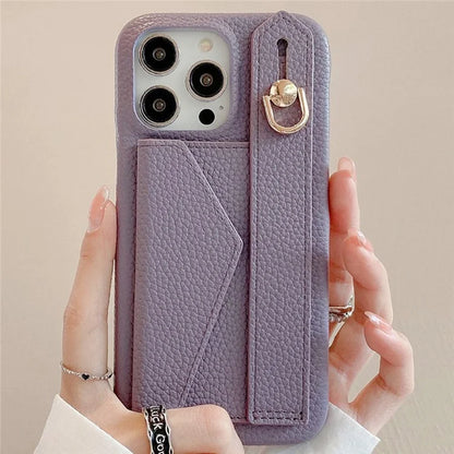 For iPhone 16 Pro Max Case Wristband Kickstand Card Slot PU Leather+PET Phone Cover