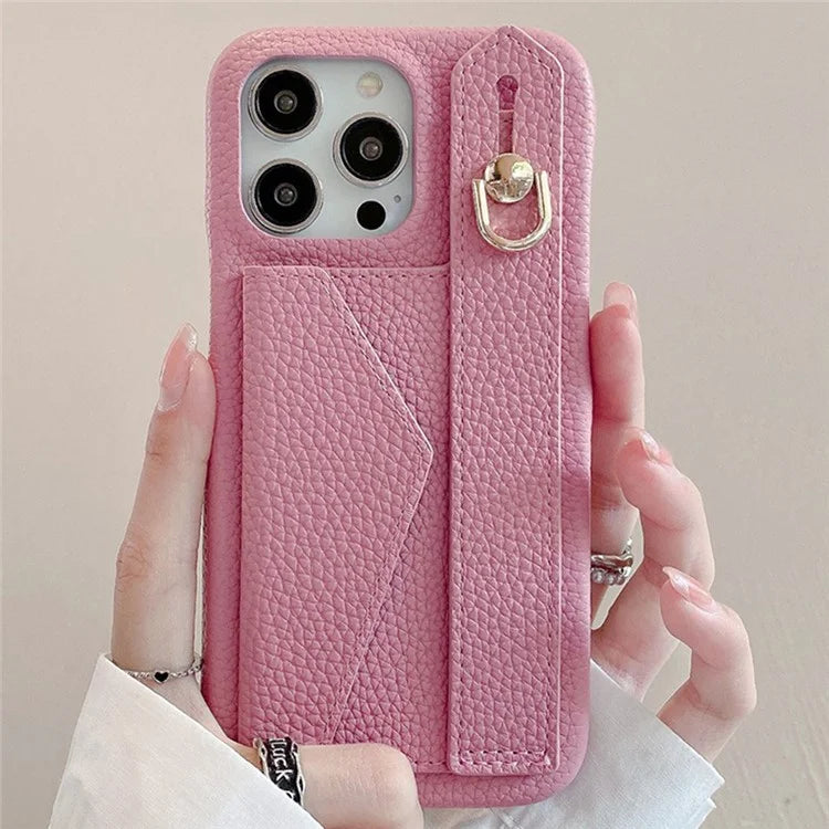 For iPhone 16 Pro Max Case Wristband Kickstand Card Slot PU Leather+PET Phone Cover