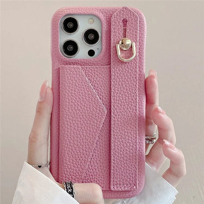 For iPhone 16 Pro Max Case Wristband Kickstand Card Slot PU Leather+PET Phone Cover