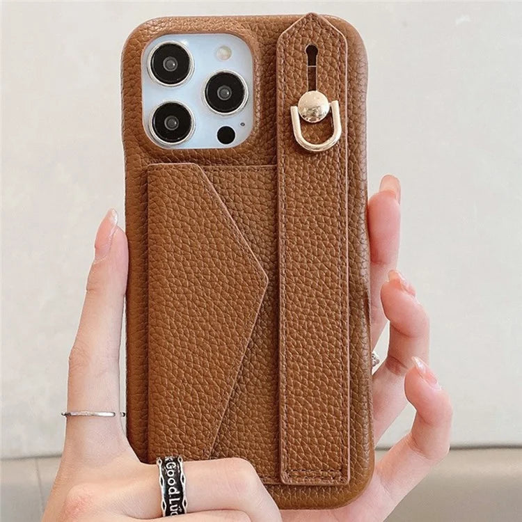For iPhone 16 Pro Max Case Wristband Kickstand Card Slot PU Leather+PET Phone Cover