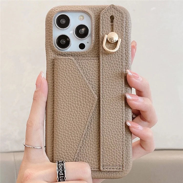 For iPhone 16 Pro Max Case Wristband Kickstand Card Slot PU Leather+PET Phone Cover