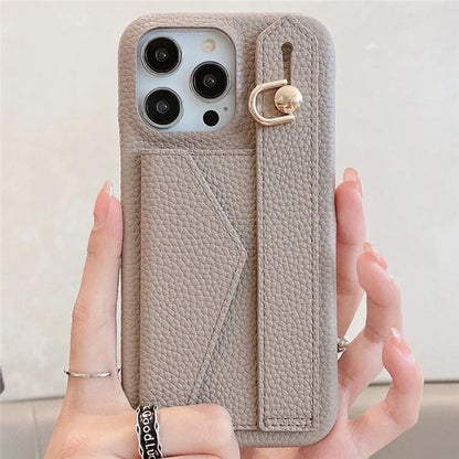 For iPhone 16 Pro Max Case Wristband Kickstand Card Slot PU Leather+PET Phone Cover