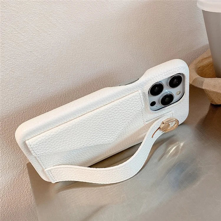 For iPhone 16 Pro Max Case Wristband Kickstand Card Slot PU Leather+PET Phone Cover