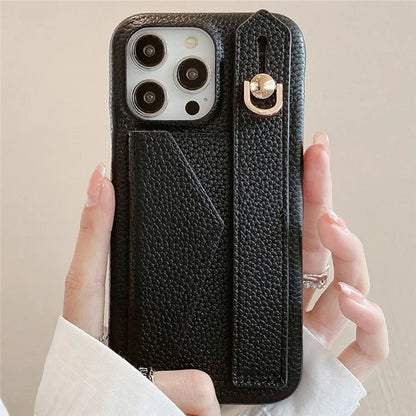 For iPhone 16 Pro Max Case Wristband Kickstand Card Slot PU Leather+PET Phone Cover