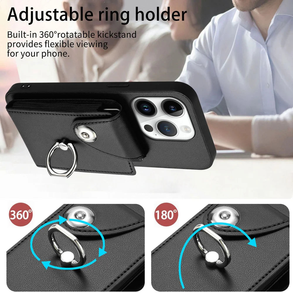 For iPhone 16 Pro Max Case YB Leather Coating Series-7 Card Holder Leather TPU Phone Cover with Kickstand
