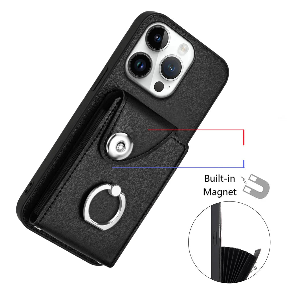 For iPhone 16 Pro Max Case YB Leather Coating Series-7 Card Holder Leather TPU Phone Cover with Kickstand