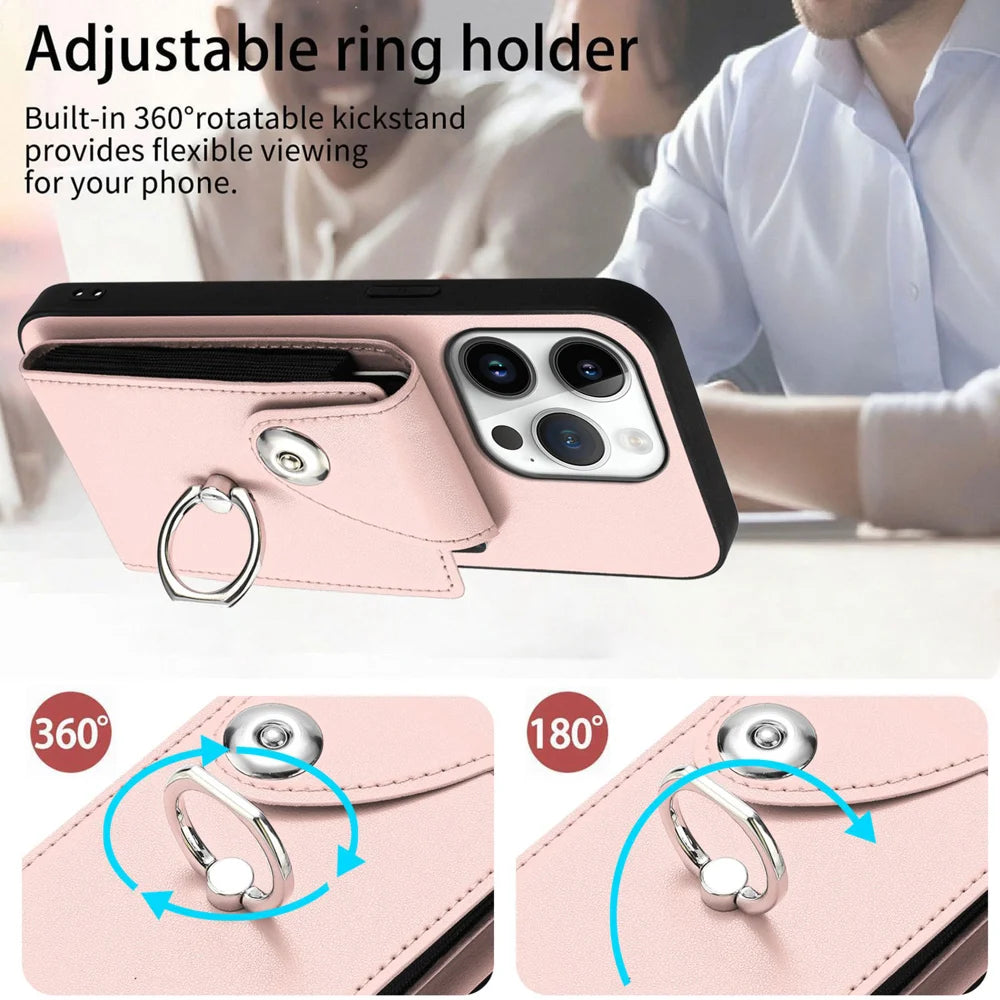 For iPhone 16 Pro Max Case YB Leather Coating Series-7 Card Holder Leather TPU Phone Cover with Kickstand