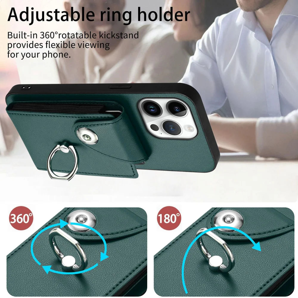 For iPhone 16 Pro Max Case YB Leather Coating Series-7 Card Holder Leather TPU Phone Cover with Kickstand