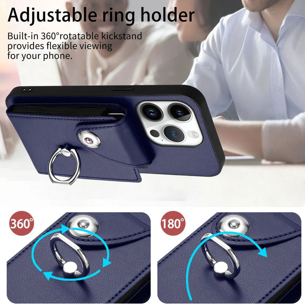 For iPhone 16 Pro Max Case YB Leather Coating Series-7 Card Holder Leather TPU Phone Cover with Kickstand