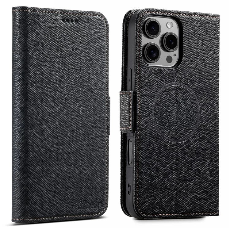 SUTENI J08 For iPhone 16 Pro Case Compatible with MagSafe Cross Texture Leather Wallet Phone Cover