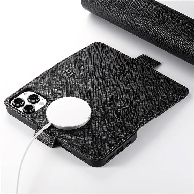 SUTENI J08 For iPhone 16 Pro Case Compatible with MagSafe Cross Texture Leather Wallet Phone Cover