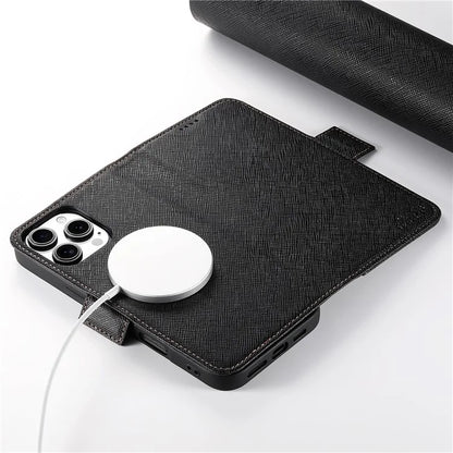 SUTENI J08 For iPhone 16 Pro Case Compatible with MagSafe Cross Texture Leather Wallet Phone Cover