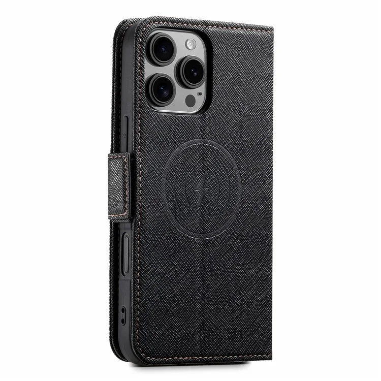 SUTENI J08 For iPhone 16 Pro Case Compatible with MagSafe Cross Texture Leather Wallet Phone Cover
