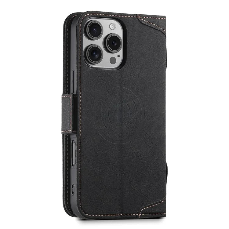 SUTENI J07 For iPhone 16 Pro Max Case Compatible with MagSafe Litchi Texture Leather Wallet Phone Cover