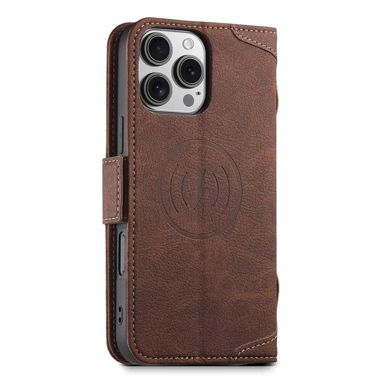 SUTENI J07 For iPhone 16 Pro Max Case Compatible with MagSafe Litchi Texture Leather Wallet Phone Cover