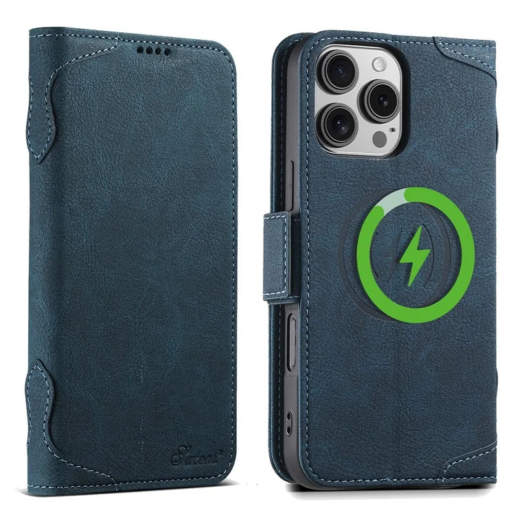 SUTENI J07 For iPhone 16 Pro Max Case Compatible with MagSafe Litchi Texture Leather Wallet Phone Cover