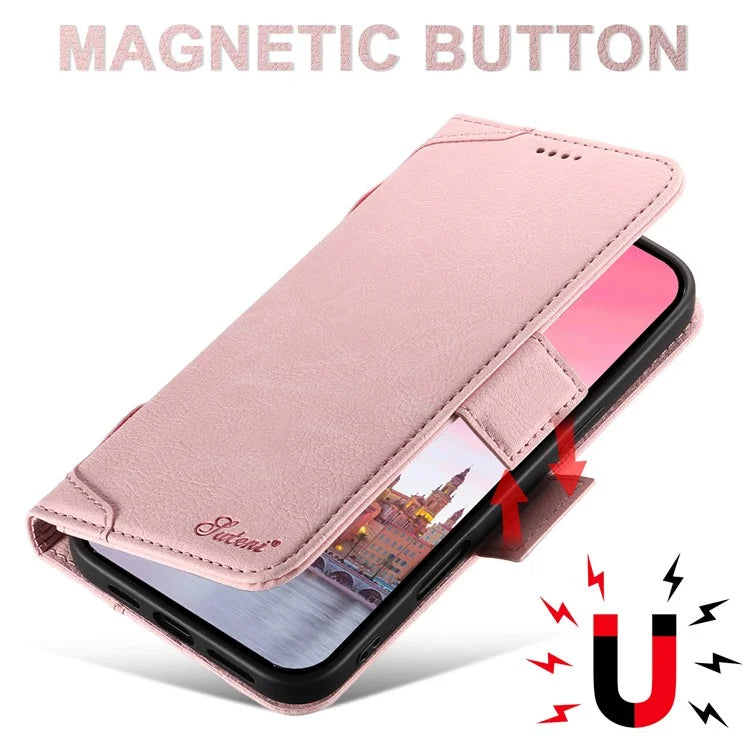 SUTENI J07 For iPhone 16 Pro Max Case Compatible with MagSafe Litchi Texture Leather Wallet Phone Cover