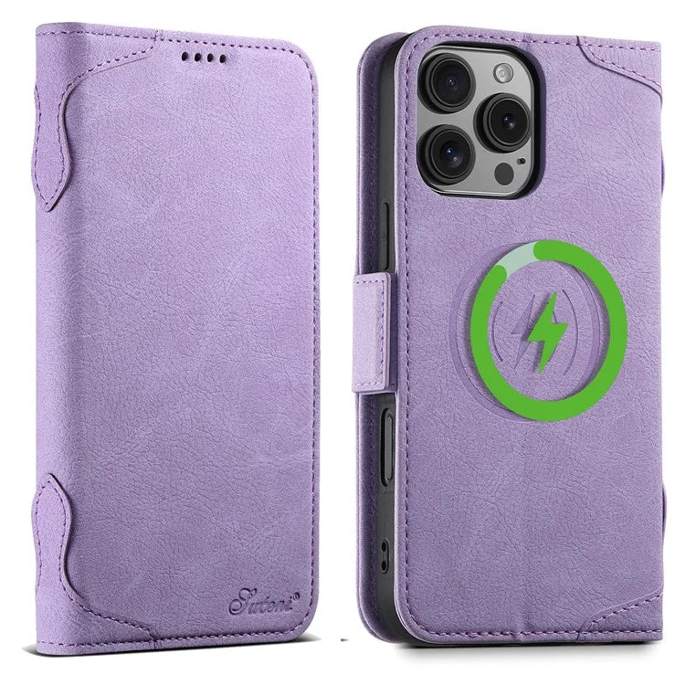 SUTENI J07 For iPhone 16 Pro Max Case Compatible with MagSafe Litchi Texture Leather Wallet Phone Cover