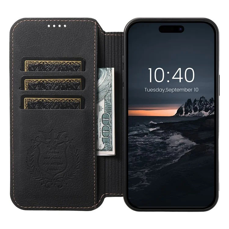 SUTENI J06 For iPhone 16 Plus Case Litchi Texture Leather Wallet Phone Shell Compatible with MagSafe