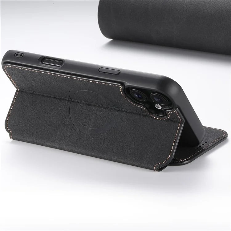 SUTENI J06 For iPhone 16 Plus Case Litchi Texture Leather Wallet Phone Shell Compatible with MagSafe
