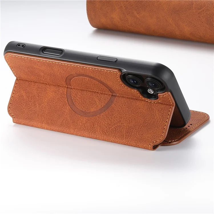 SUTENI J06 For iPhone 16 Plus Case Litchi Texture Leather Wallet Phone Shell Compatible with MagSafe
