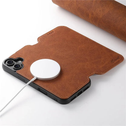 SUTENI J06 For iPhone 16 Plus Case Litchi Texture Leather Wallet Phone Shell Compatible with MagSafe