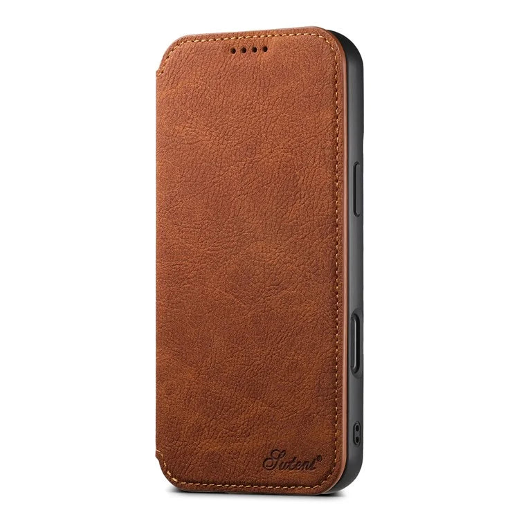 SUTENI J06 For iPhone 16 Plus Case Litchi Texture Leather Wallet Phone Shell Compatible with MagSafe