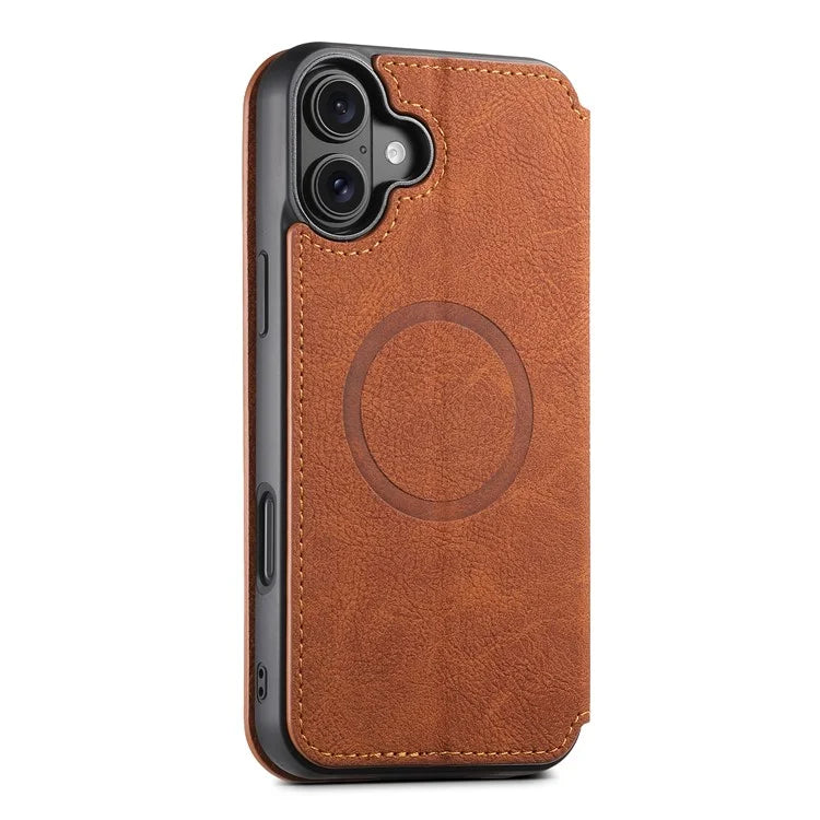 SUTENI J06 For iPhone 16 Plus Case Litchi Texture Leather Wallet Phone Shell Compatible with MagSafe