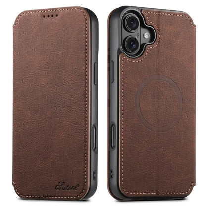 SUTENI J06 For iPhone 16 Plus Case Litchi Texture Leather Wallet Phone Shell Compatible with MagSafe