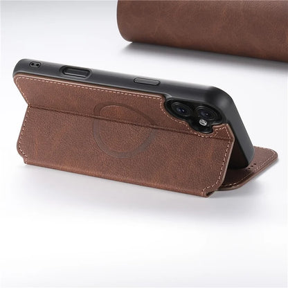 SUTENI J06 For iPhone 16 Plus Case Litchi Texture Leather Wallet Phone Shell Compatible with MagSafe