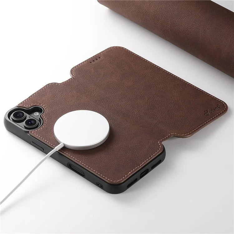 SUTENI J06 For iPhone 16 Plus Case Litchi Texture Leather Wallet Phone Shell Compatible with MagSafe