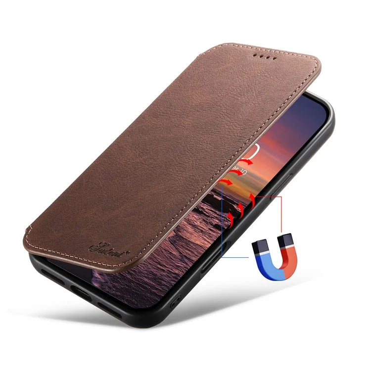 SUTENI J06 For iPhone 16 Plus Case Litchi Texture Leather Wallet Phone Shell Compatible with MagSafe