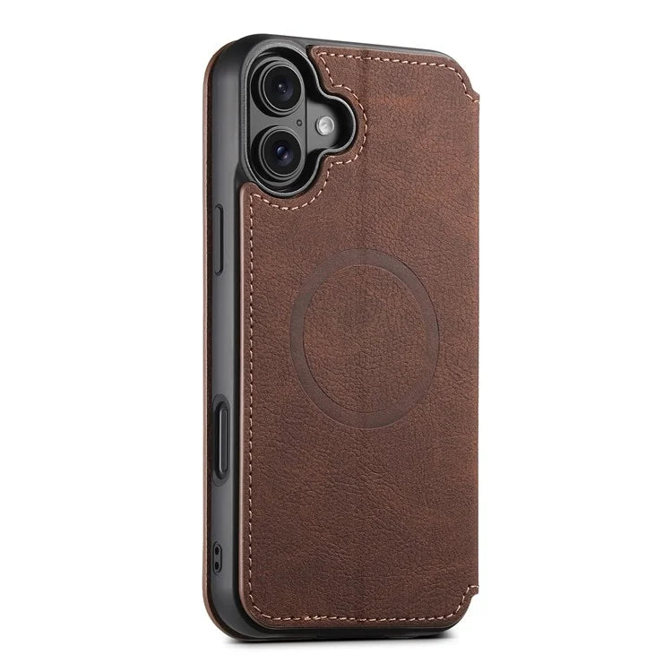 SUTENI J06 For iPhone 16 Plus Case Litchi Texture Leather Wallet Phone Shell Compatible with MagSafe