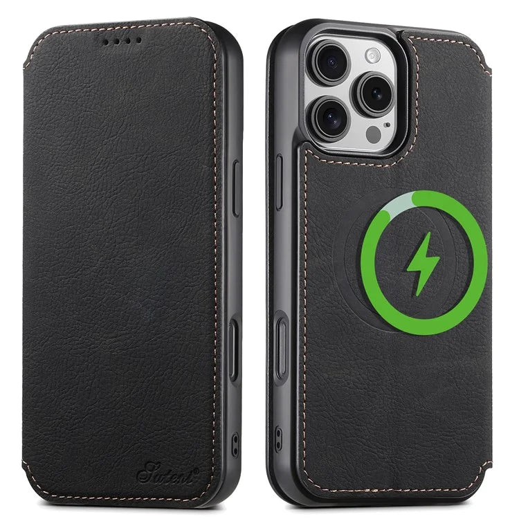 SUTENI J06 For iPhone 16 Pro Max Case Litchi Texture Leather Wallet Phone Shell Compatible with MagSafe