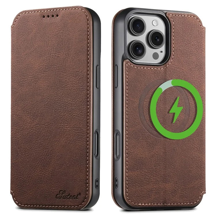 SUTENI J06 For iPhone 16 Pro Max Case Litchi Texture Leather Wallet Phone Shell Compatible with MagSafe