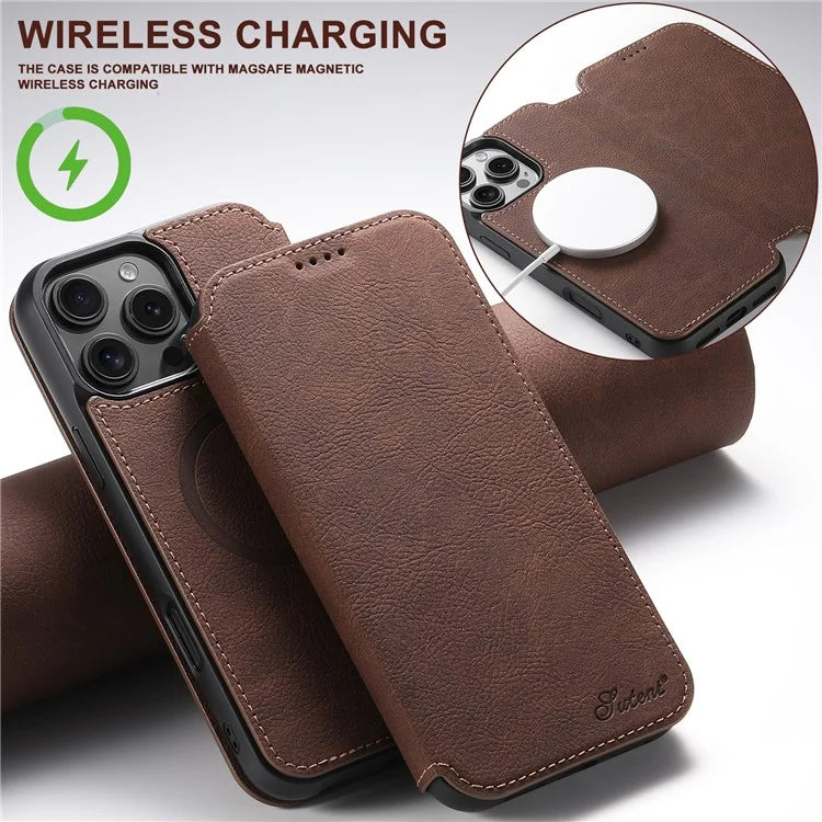 SUTENI J06 For iPhone 16 Pro Max Case Litchi Texture Leather Wallet Phone Shell Compatible with MagSafe