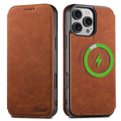 SUTENI J06 For iPhone 16 Pro Max Case Litchi Texture Leather Wallet Phone Shell Compatible with MagSafe