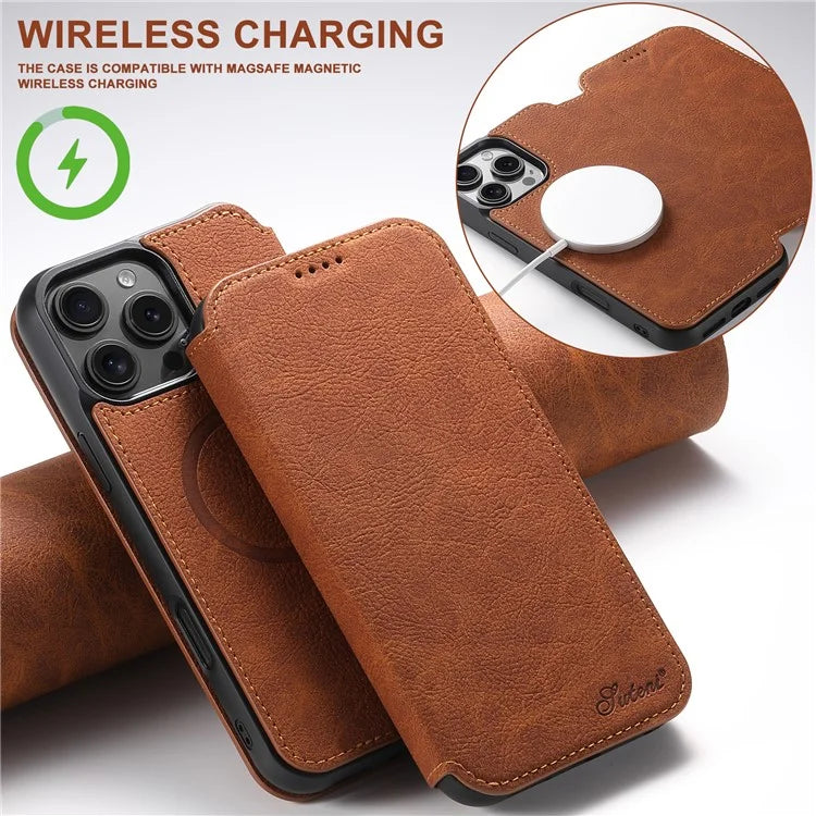 SUTENI J06 For iPhone 16 Pro Max Case Litchi Texture Leather Wallet Phone Shell Compatible with MagSafe