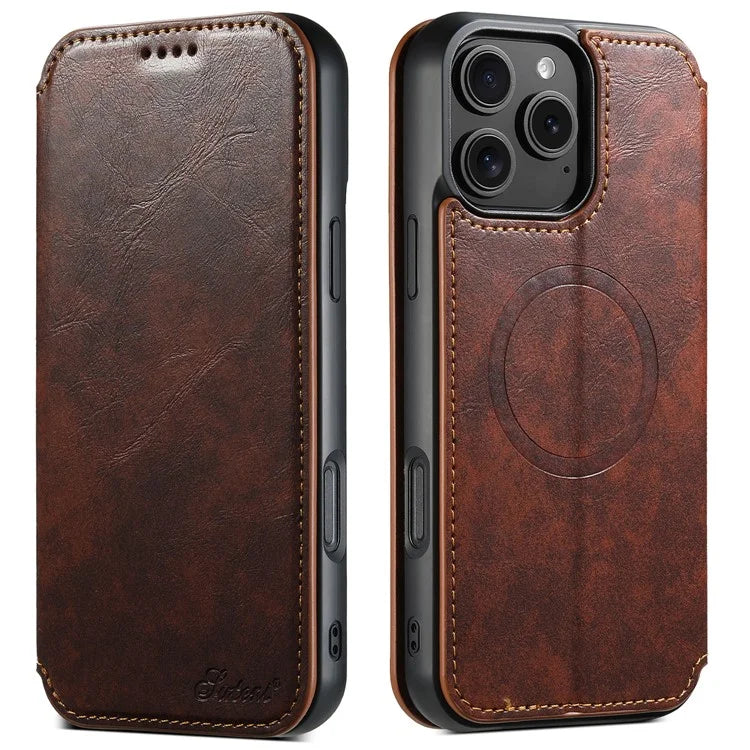 SUTENI J06 For iPhone 16 Pro Max Case Compatible with MagSafe Textured PU Leather Flip Phone Cover