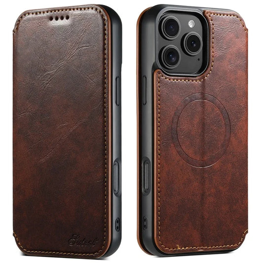 SUTENI J06 For iPhone 16 Pro Max Case Compatible with MagSafe Textured PU Leather Flip Phone Cover
