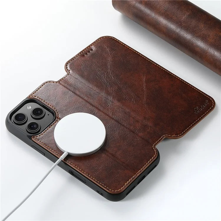 SUTENI J06 For iPhone 16 Pro Max Case Compatible with MagSafe Textured PU Leather Flip Phone Cover