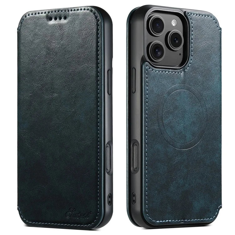 SUTENI J06 For iPhone 16 Pro Max Case Compatible with MagSafe Textured PU Leather Flip Phone Cover
